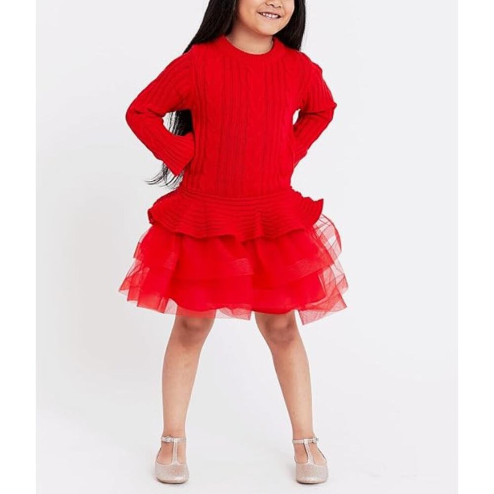 Bonnie Jean Cable Knit Tutu Sweater Dress Girls 6 Red Holiday Christmas
